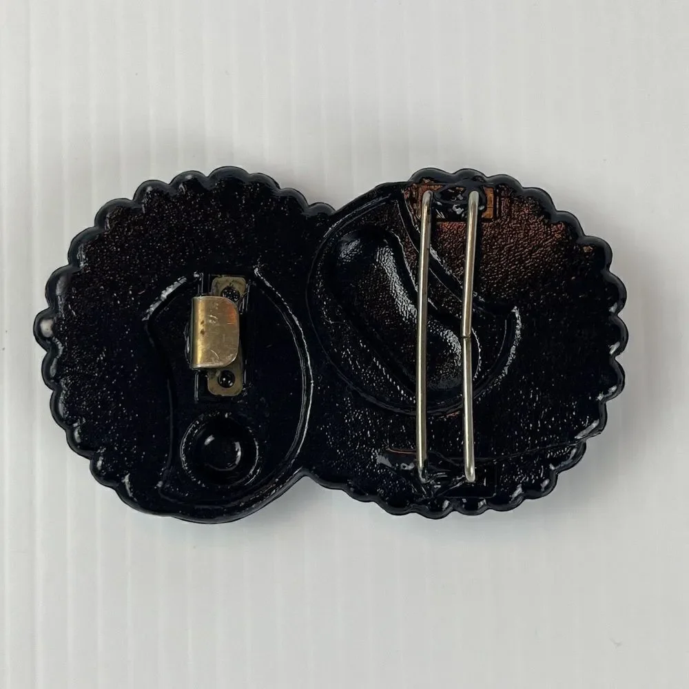 Vintage Belt Buckle Plastic Black Swirl Double Flower Shell Design